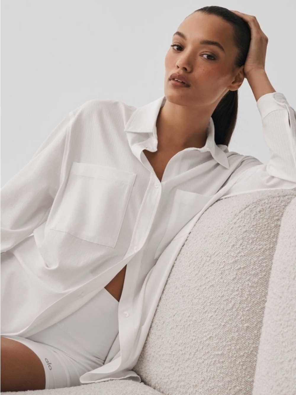 NEW ALO Yoga Women’s ‘Dreamscape button down long sleeve’, white sheer, size sm.